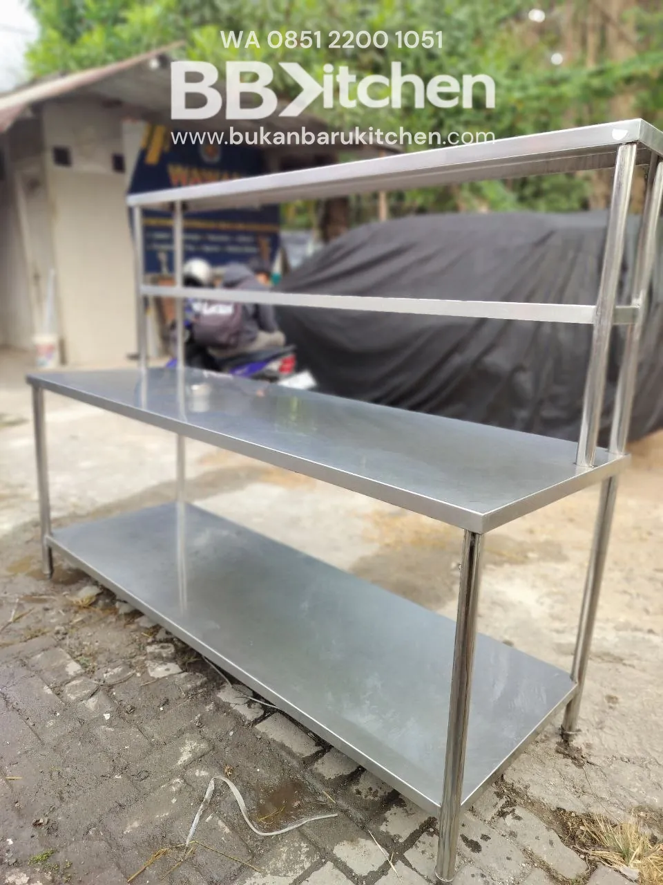 Meja Stainless Steel 2 Susun dengan Upper 200x70x85 cm foto 3